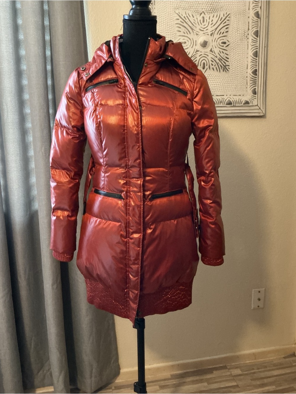 blanc noir Shiny Red Long Puffer Coat with Hood